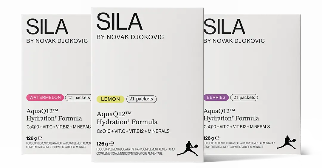 Three SILA AquaQ12 Hydration Formula boxes in different flavors: Watermelon, Lemon, and Berries.